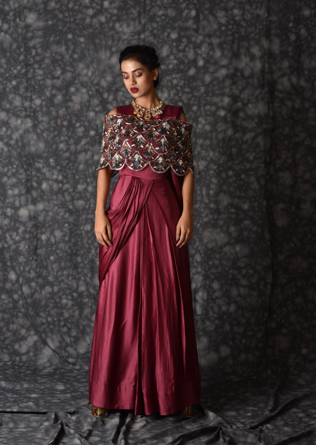 Full length dress with attached cape design. 7988M7844 - Catherines of  Partick